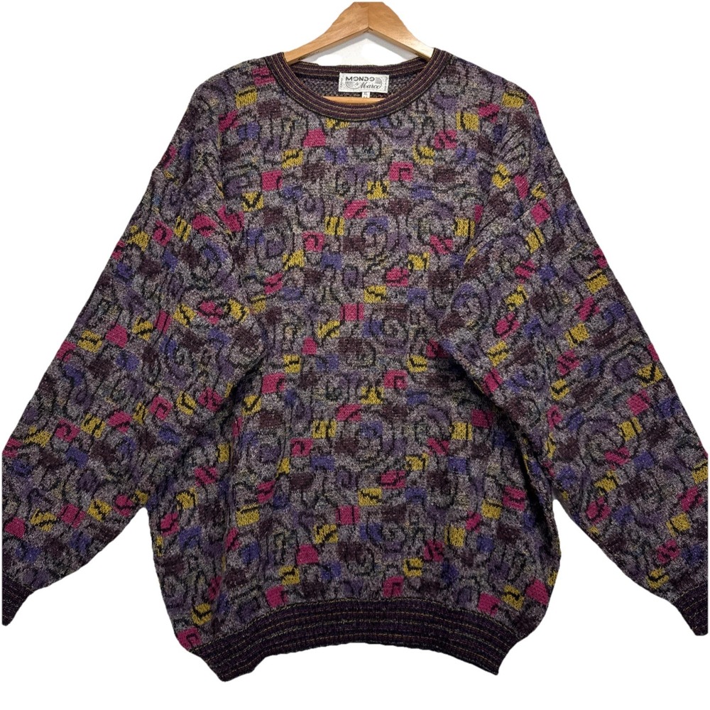 VTG Mondo di Marco Mohair Wool Abstract Sweater Mens XL Purple Multi Made Italy